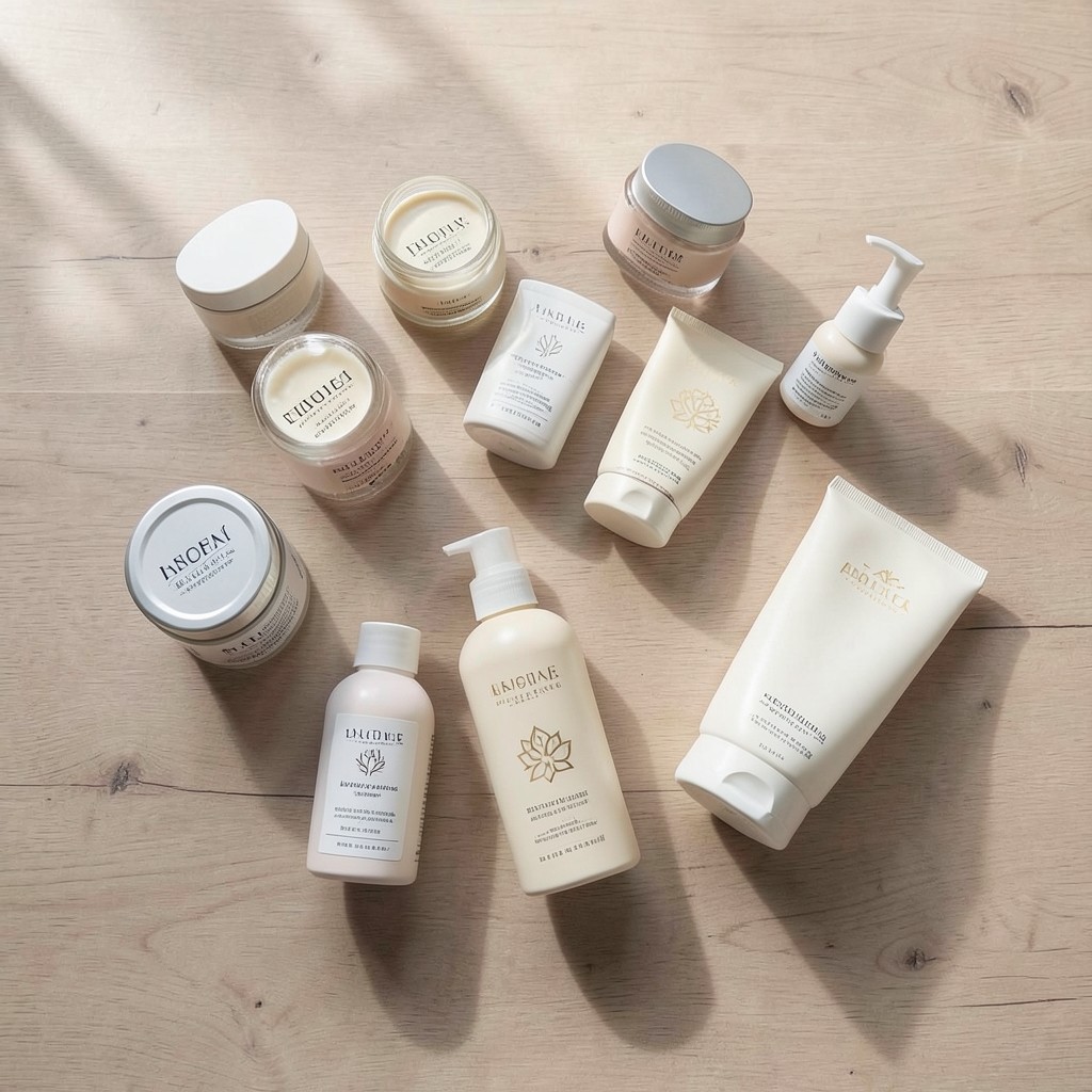 Personal care jars and tubes arranged by format on a light wooden table for category mapping