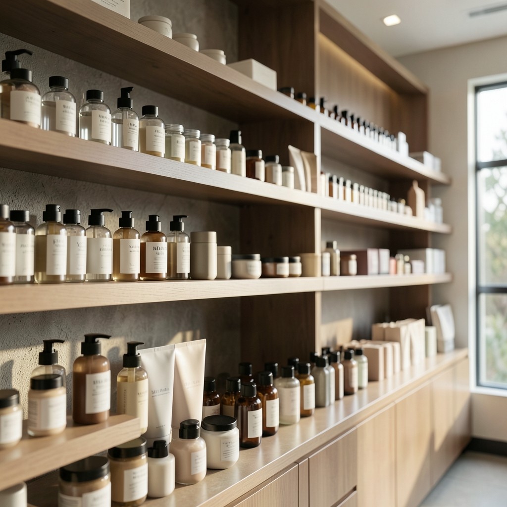 Soft daylight across personal care bottles and jars arranged on a calm retail shelf in Vietnam